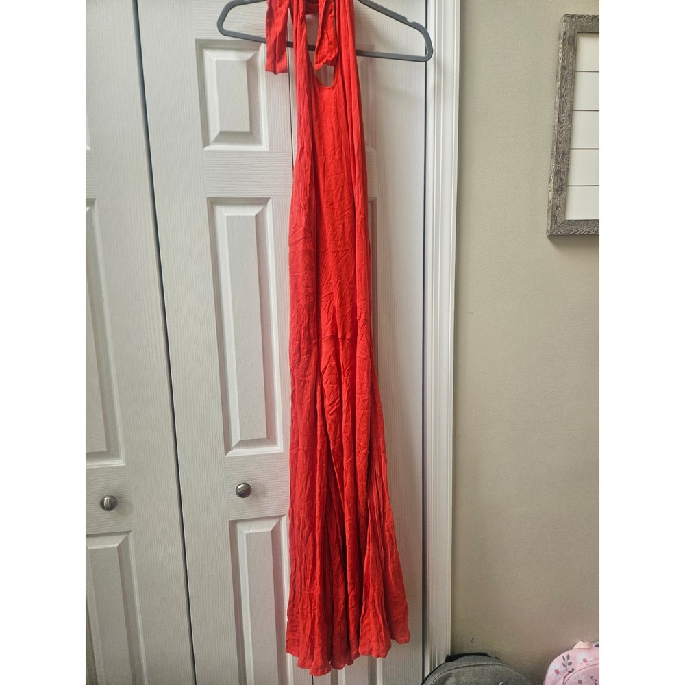 Free People Extratropical orange Halter Maxi Dress Open Back Gauze Boho Size S